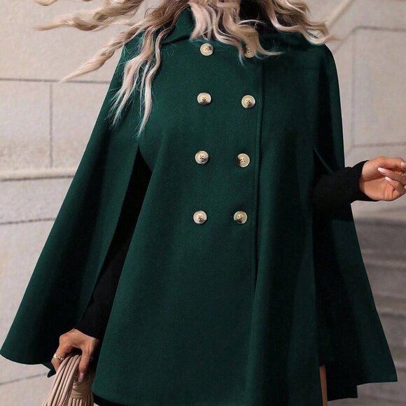 Dark Green Elegant Women's Double-Breasted Mid-Length Cape - Picture 4 of 7